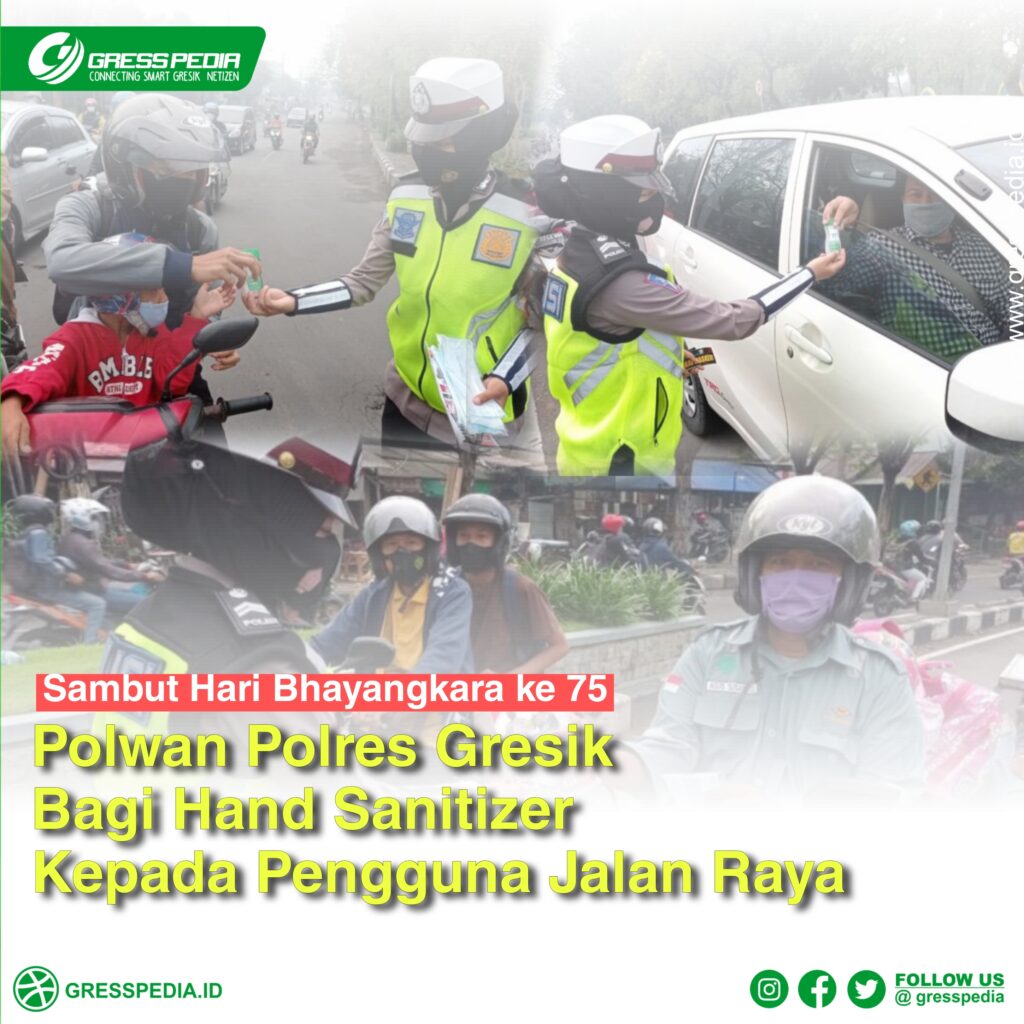 Polwan Polres Gresik Bagi Hand Sanitizer Kepada Pengguna Jalan Raya