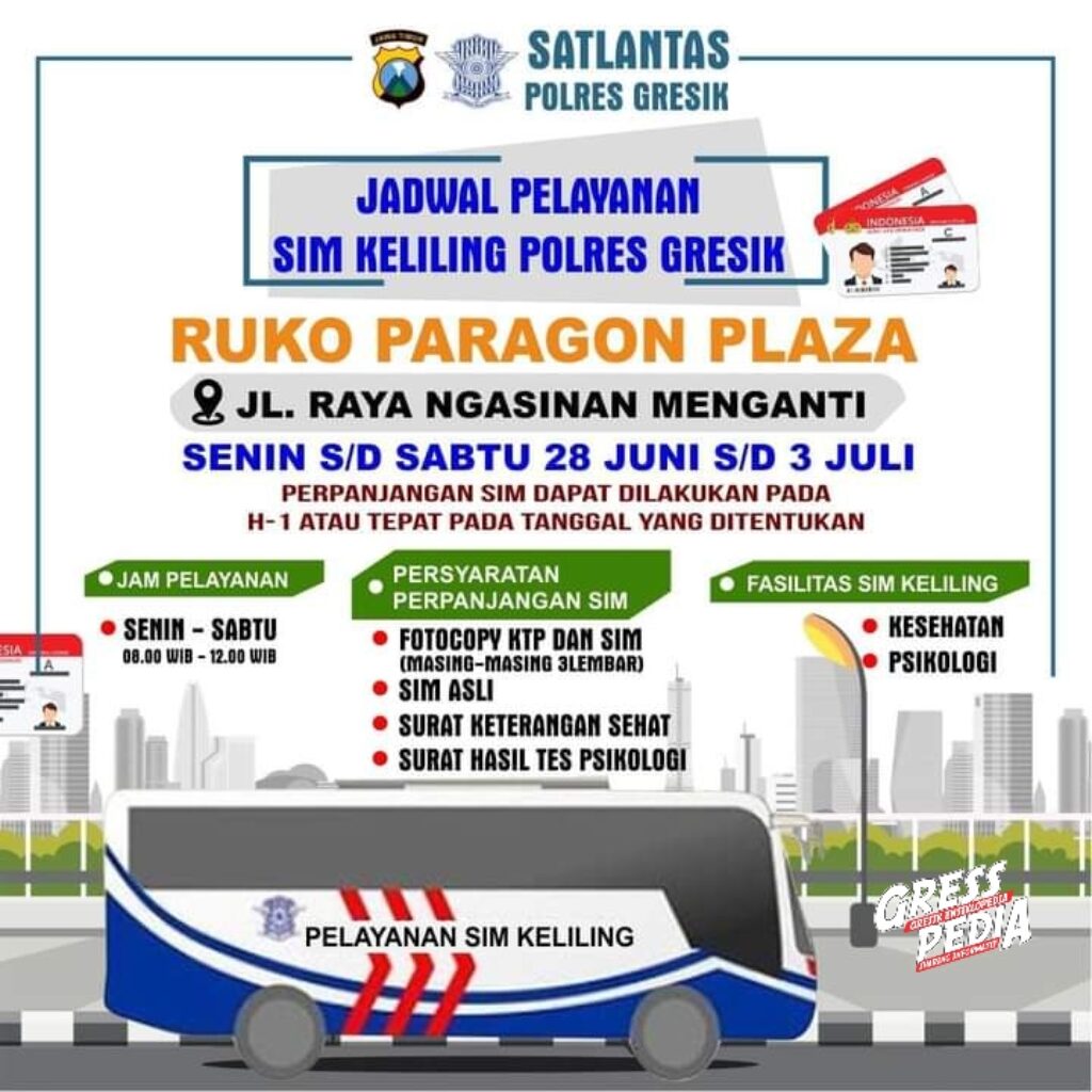 Jadwal Sim Keliling Gresik Bulan Juli 2021 (Minggu ke 1)