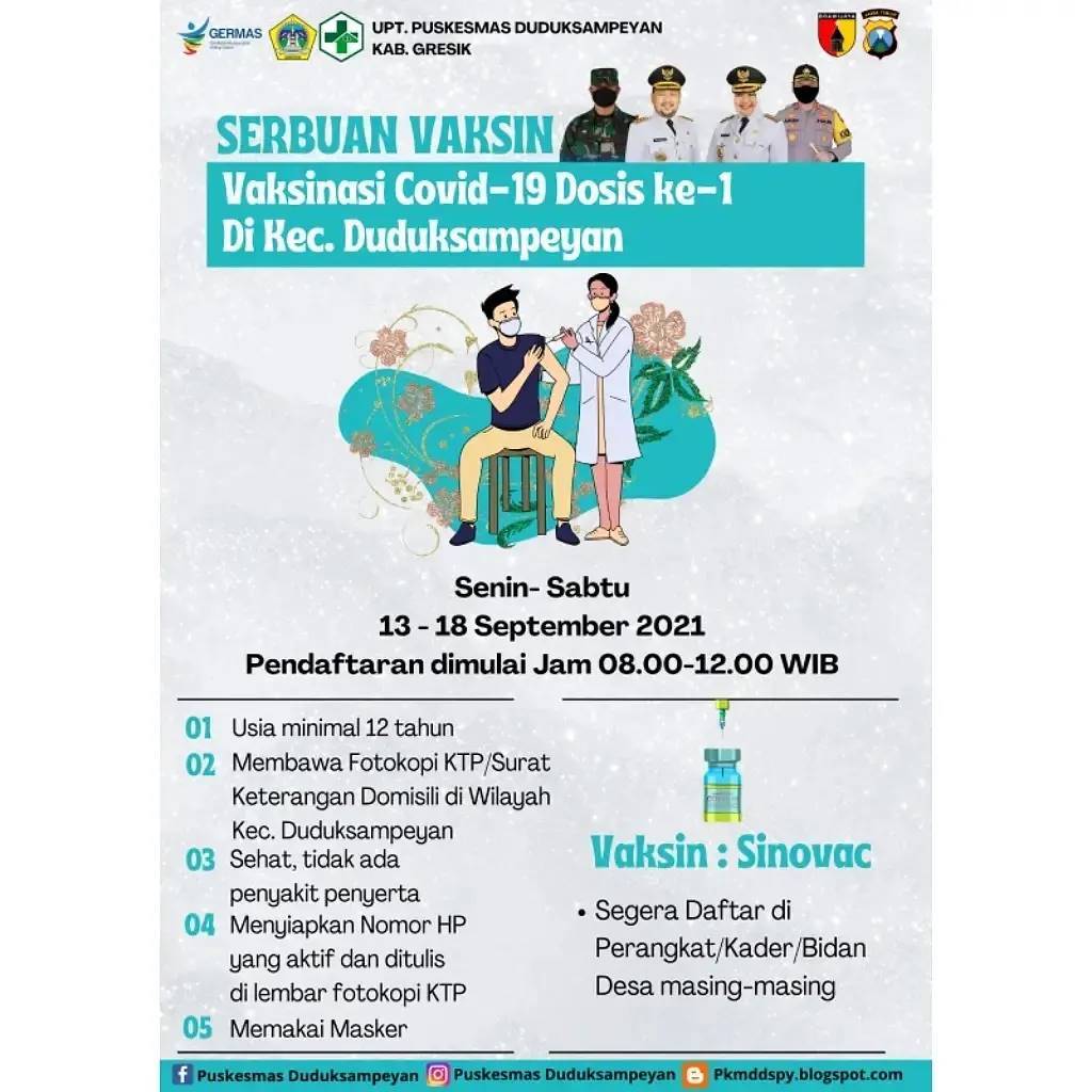 Jadwal Vaksinasi Gresik September 2021 Kecamatan Duduk Sampeyan