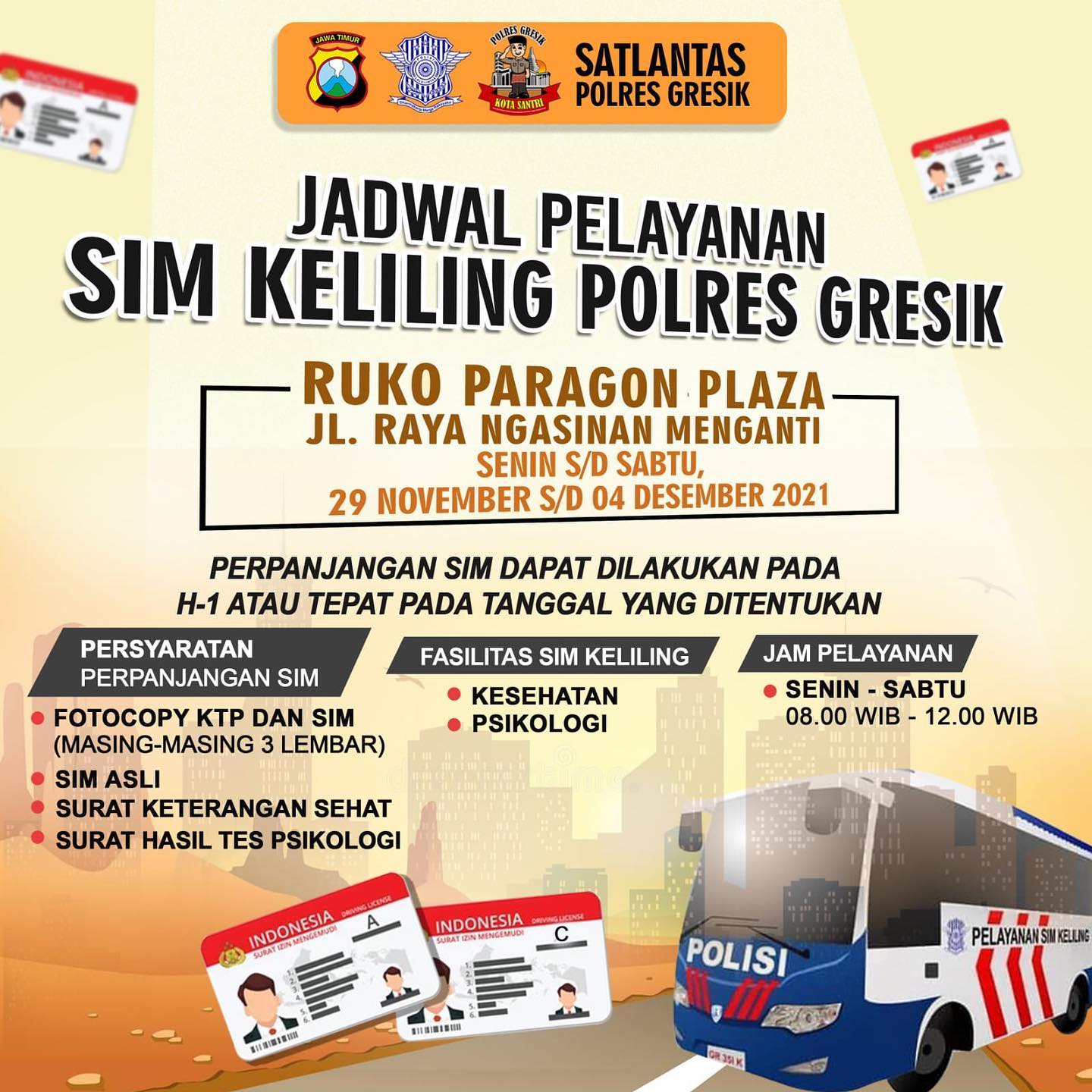 Jadwal Sim Keliling Gresik Desember 2021 (Minggu ke 1)