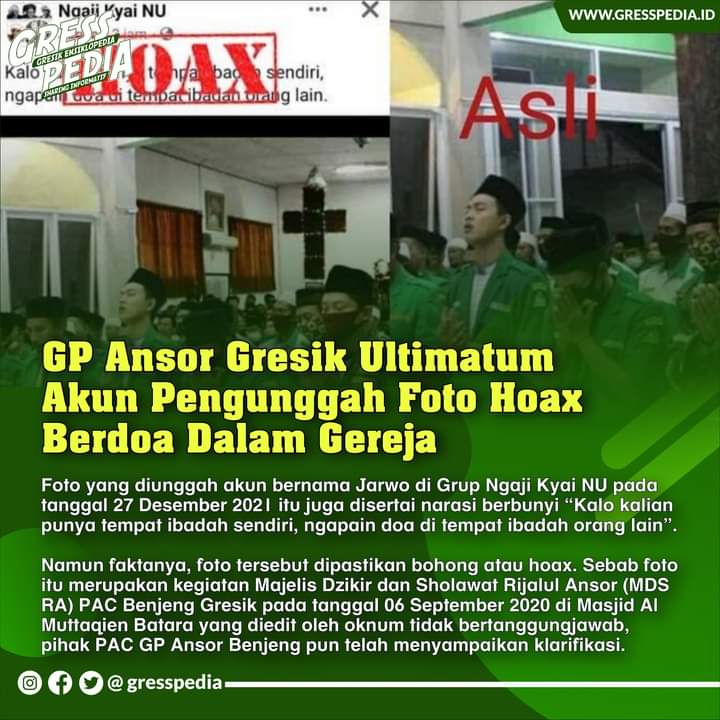 GP Ansor Gresik Ultimatum Akun Pengunggah Foto Hoax Berdoa Dalam Gereja