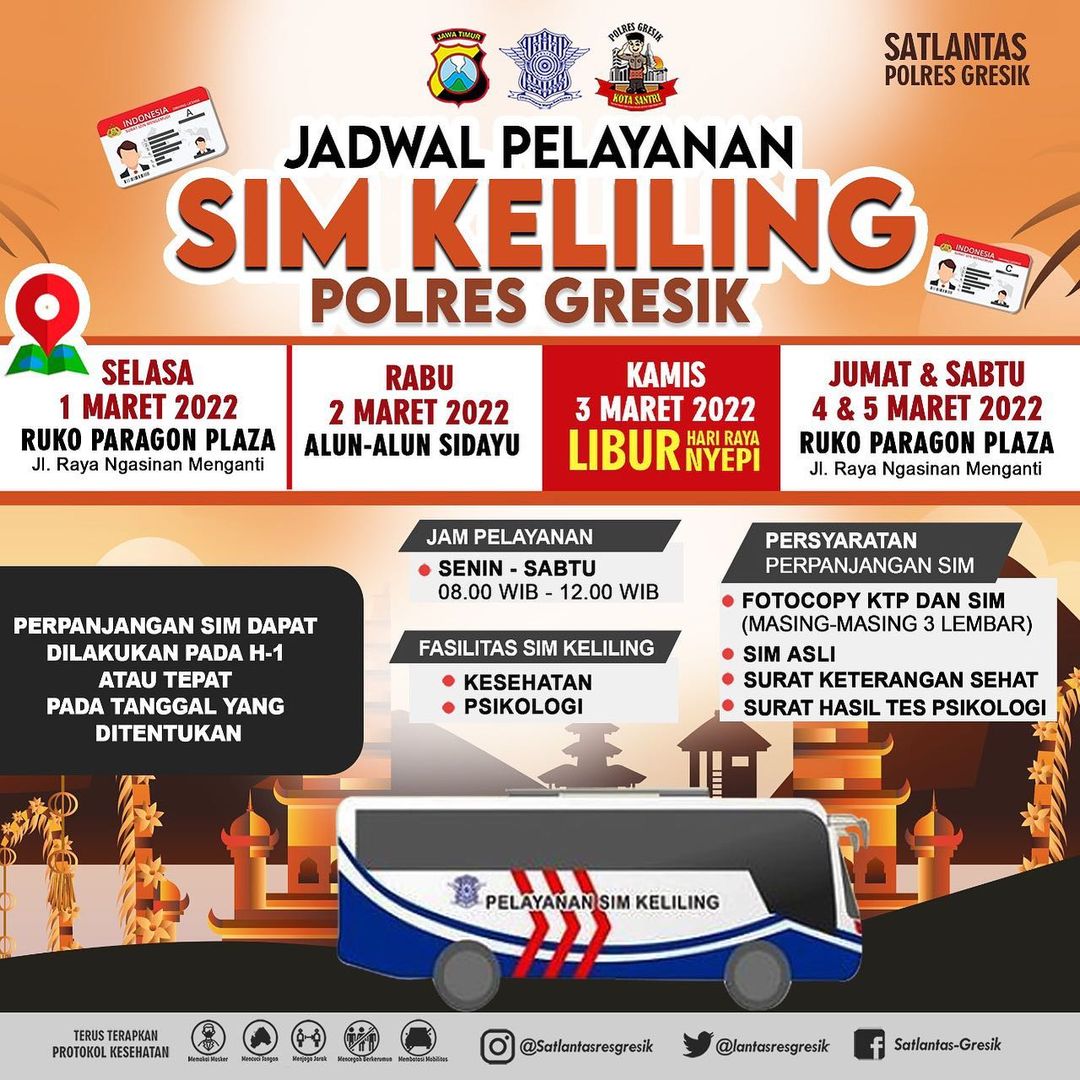 Jadwal Sim Keliling Gresik Maret 2022 (Minggu ke 1)