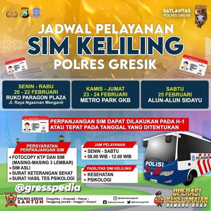 Jadwal Sim Keliling Polres Gresik Februari 2023 (Minggu ke 3)