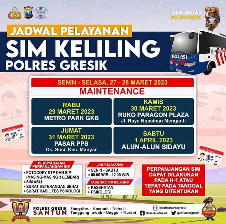 Jadwal Sim Keliling Gresik Maret 2023 (Minggu ke 4)