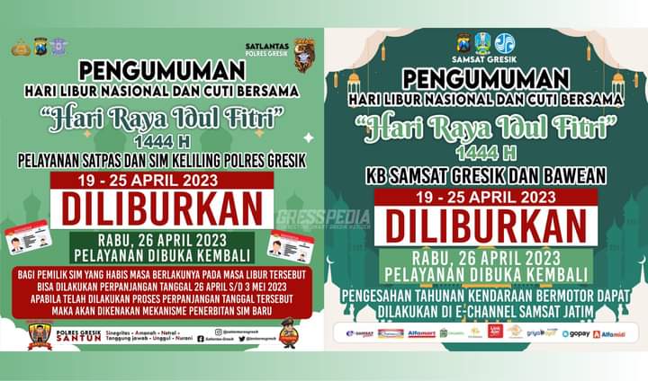 Libur Lebaran, Info Satlantas Gresik dan Samsat Gresik Pelayanan Tutup 19-25 April 2023