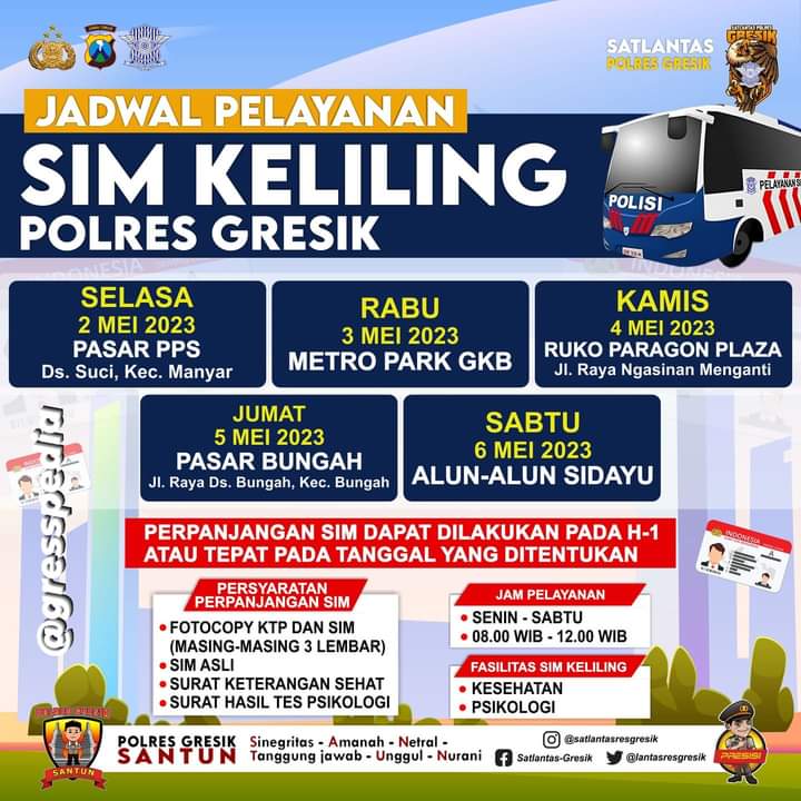 Jadwal Sim Keliling Gresik Mei 2023 (Minggu ke 1)
