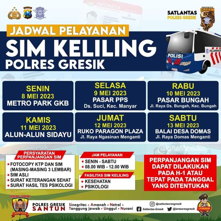 Jadwal Sim Keliling Gresik Mei 2023 (Minggu ke 2)