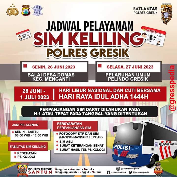 Jadwal Sim Keliling Gresik Juni 2023 (Minggu ke 4)