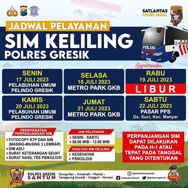 Jadwal Sim Keliling Gresik Juli 2023 (Minggu ke 3)