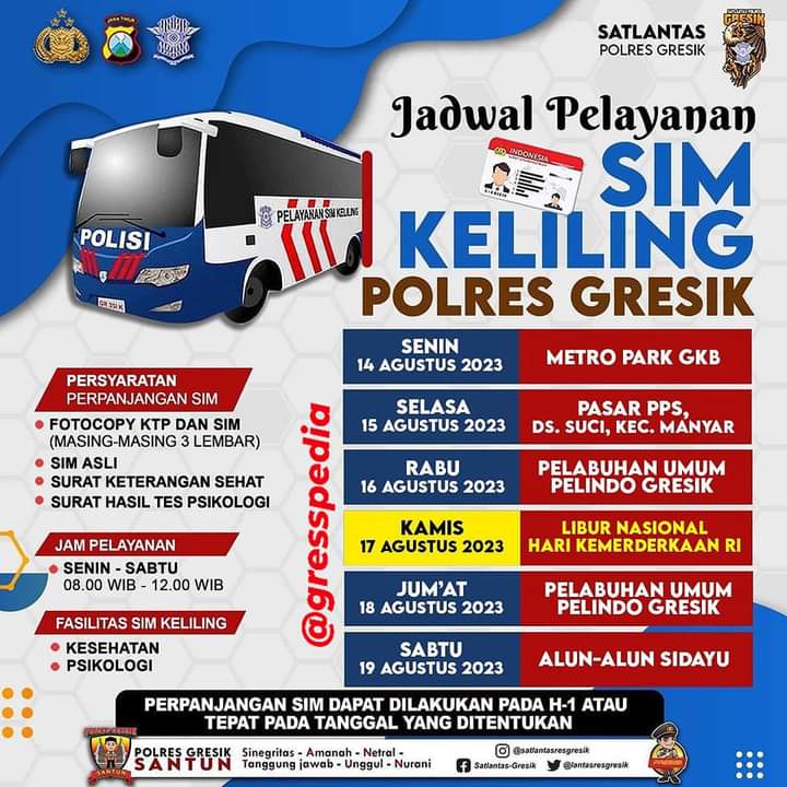 Jadwal Sim Keliling Gresik Agustus 2023 (Minggu ke 3)