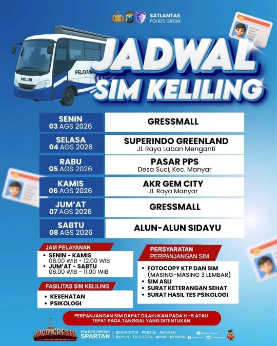 Jadwal Sim Keliling Gresik Agustus 2026 (Minggu ke 1)