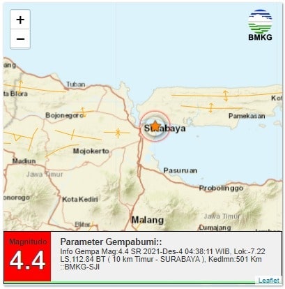 Gempa Magnitudo 4,4 Guncang Surabaya